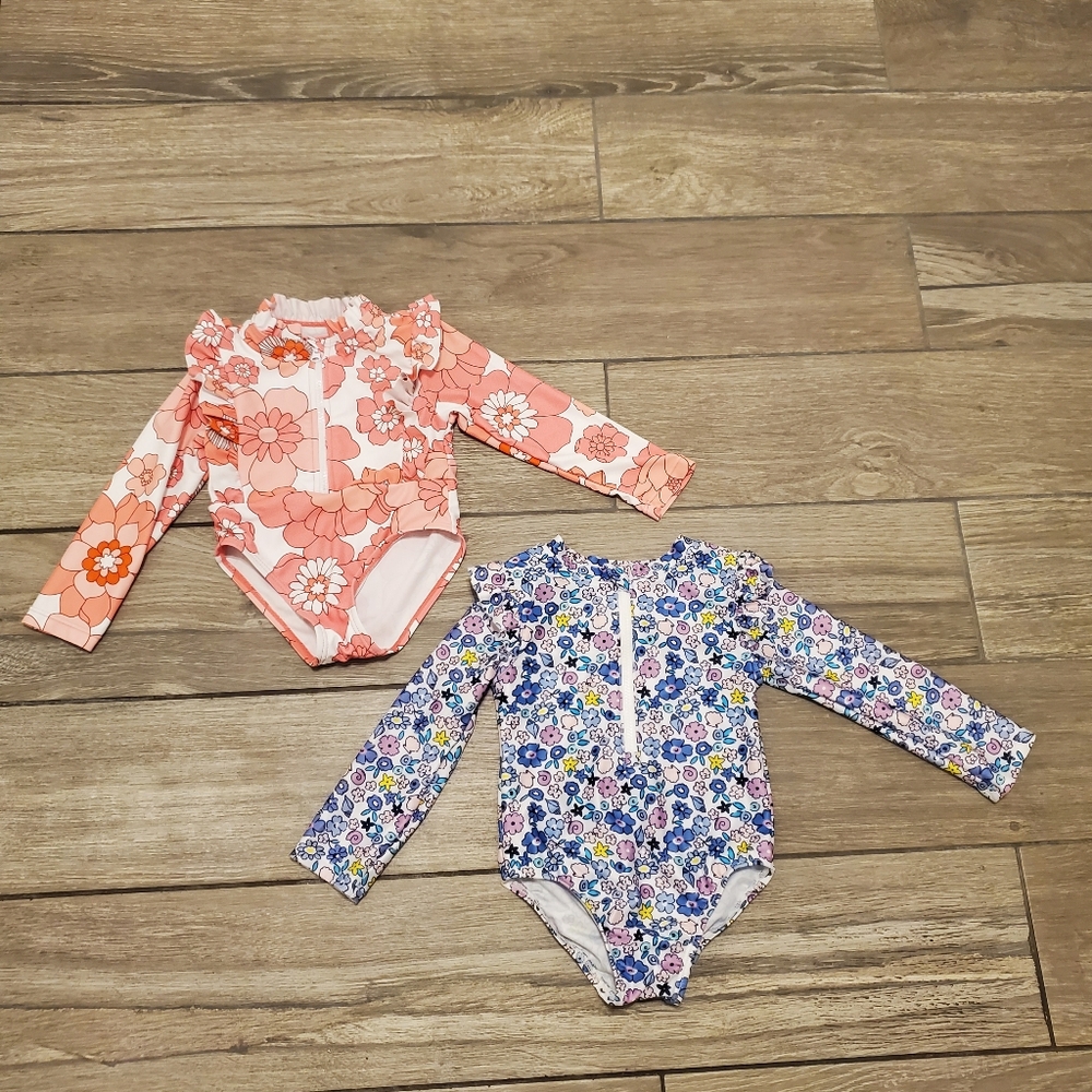 9-18M baby girl's multicolor floral orange blue long sleeve 1-piece swimsuits